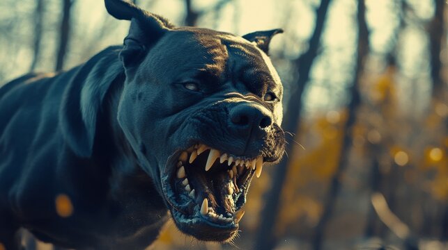 Angry and aggressive Cane Corso dog barking, looking at camera, outdoor protection and security, open mouth, large jaw teeth.