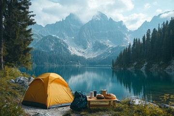 Traveling, hiking in the deep forest with tent, AI generated