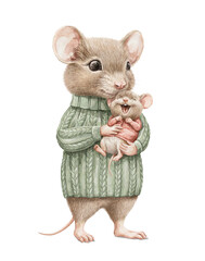 Watercolor vintage cute mouse dad and his son baby mice in clothes Christmas sweaters laugh and smile isolated on white background. Hand drawn illustration sketch