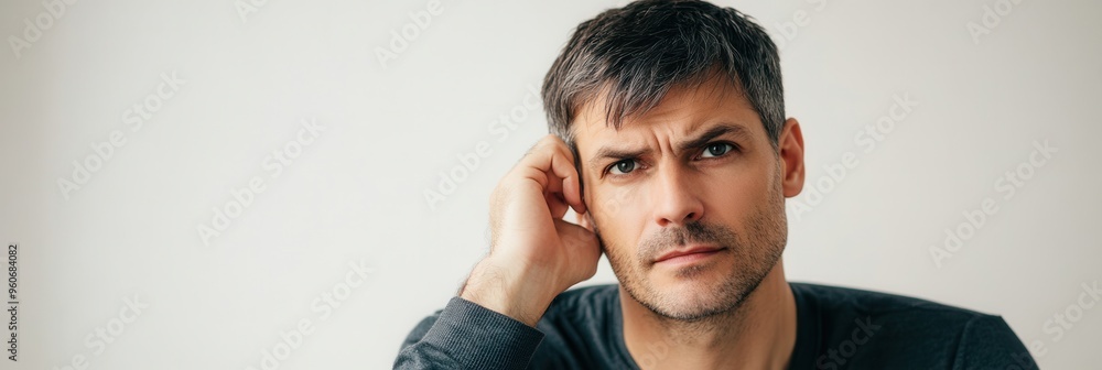 Aufkleber A man rests his chin on his hand, deep in thought, showcasing a serious expression in a bright, minimalistic setting. Generative AI