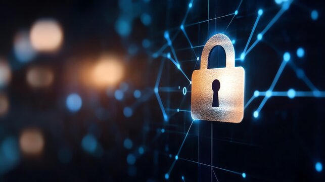 Digital security concept with a padlock icon and abstract network connections representing data protection and cybersecurity.