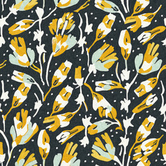 Modern printed fabric wildflower blockprint pattern with linen fabric textures. Stylized hand drawn boho dark florals for decorative design elements in repeatable background tile.