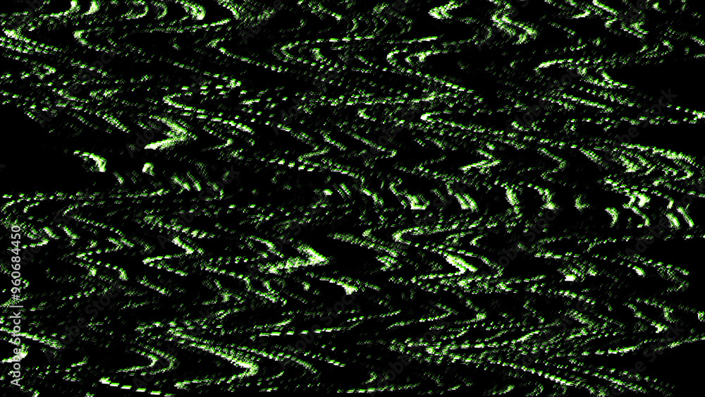 Poster glitch distorted waves and particles. damaged green texture background. for game screens, web-sites,