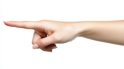 An index finger of a woman's hand is pointed up, isolated on a white background. Above direction, touch or click concept. Choose product, recommend promotion, check the promo code.