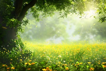 Obraz premium A picturesque spring meadow with yellow flowers and green leaves bathed in sunlight.