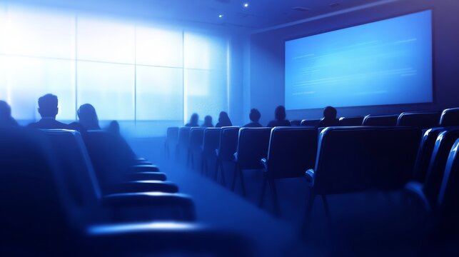 In a conference room or seminar meeting, the back view shows a large display screen showing a video presentation, illustrating the concept of business education. Employees of the company, learning