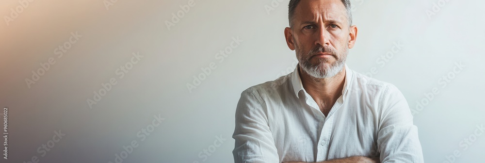Poster the man appears serious, contemplating his thoughts while standing in a softly lit, modern space wit