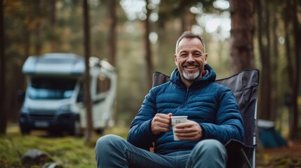Fototapeta premium An attractive happy young man holding a coffee mug, sitting in a camping chair in front of a trailer house in the forest wilderness outdoors.