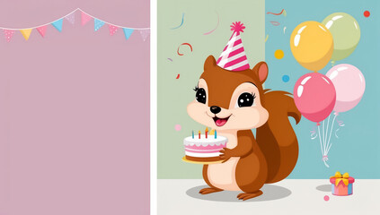 cute cartoon squirrel with cake, birthday flat design illustration