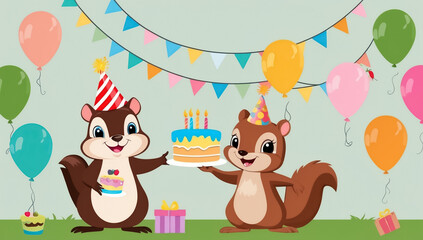 cute cartoon squirrel with cake, birthday flat design illustration