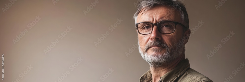 Aufkleber a man with grey hair and glasses displays a contemplative expression while standing against a simple
