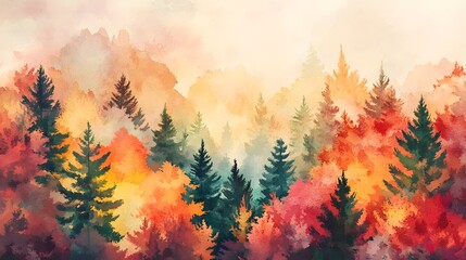 A watercolor illustration of trees in autumn colors, set against an abstract background