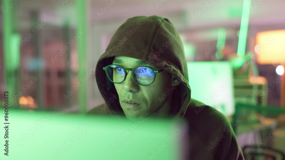 Poster Business, hacking and man in information technology with computer for cyber crime, system or fraud. Office, data theft and hacker with network breach for unauthorised, server access or malware attack