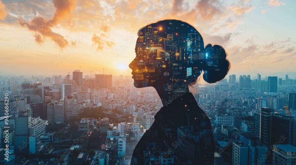 Poster a rearview image of a human standing in front of a futuristic technology holographic interface, eith