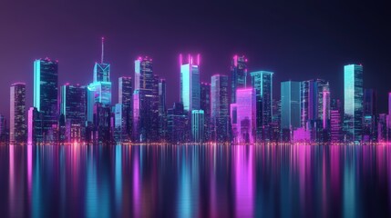 Fototapeta premium Reflection of a neon city skyline. Milky blue and purple futuristic skyscraper towers, bright urban downtown lights, fantasy cyberpunk wallpaper.