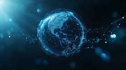 The blue planet earth globe sphere hologram is surrounded by a background of data flow. The circle represents the global internet and cyberspace network, while the lines in the pattern represent