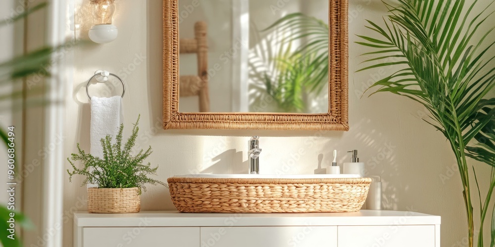 Canvas Prints modern bathroom with woven sink and mirror.