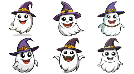 Happy cartoon ghosts in witch hats with joyful expressions, white background, Halloween decor