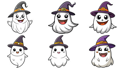 Adorable cartoon ghost with witch hats smiling vector illustration, perfect for Halloween decor