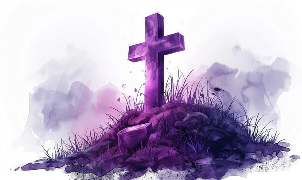 A mystical purple cross stands on a grassy hill, surrounded by swirling fog, evoking a sense of mystery and contemplation at twilight