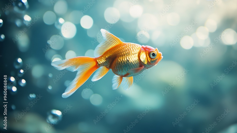 Poster an underwater shot of a goldfish gliding through water, with a background of bubbles and a soft-focu