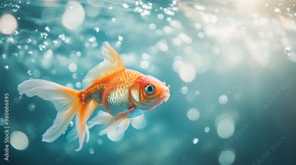Poster an underwater shot of a goldfish gliding through water, with a background of bubbles and a soft-focu