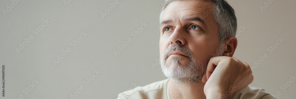 Aufkleber the man gazes upward with a serious expression, lost in contemplation in a softly lit room. generati