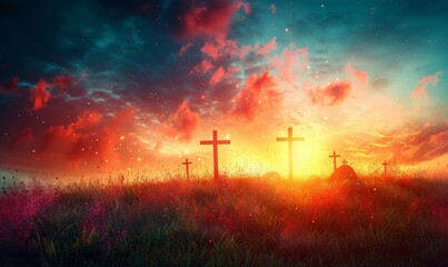 Breathtaking sunset over a serene landscape adorned with wooden crosses, casting shadows on the blooming wildflowers in a peaceful reflection of a tranquil dusk