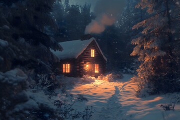 A cozy cabin glows warmly in the snow-covered forest, with smoke rising from its chimney.