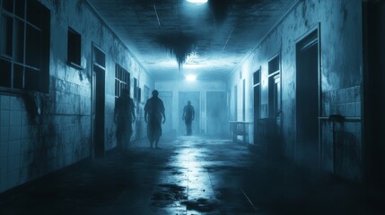 Three Silhouettes Walking Down a Foggy and Decaying Hospital Corridor