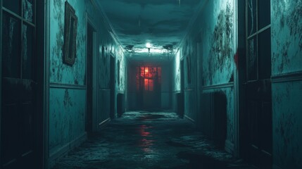 A Dark and Decaying Hallway with a Glowing Red Light at the End