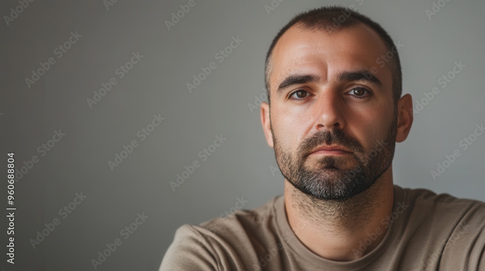 Poster A man with a serious demeanor displays deep thought in a simple indoor space filled with natural light. Generative AI