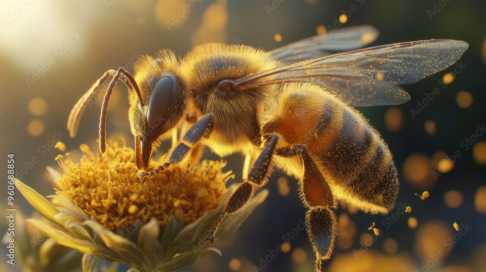 Poster close-up of a bee on a flower, capturing its delicate wings, antennae, and the intricate details of 