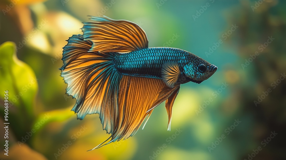Aufkleber close-up of a betta fish with a mesmerizing array of colors and delicate fins, swimming elegantly th