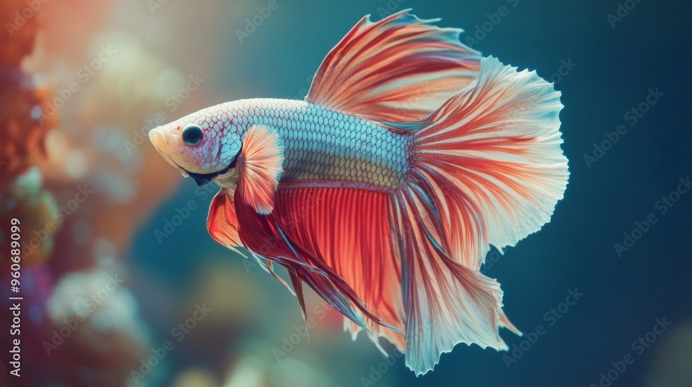 Aufkleber Close-up of a Betta fish with a mesmerizing array of colors and delicate fins, swimming elegantly through a well-decorated aquarium environment.