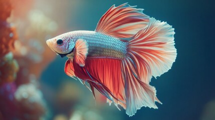 Close-up of a Betta fish with a mesmerizing array of colors and delicate fins, swimming elegantly through a well-decorated aquarium environment.