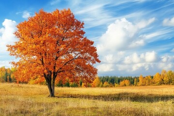 Fototapeta premium Lone Tree with Bright Orange Leaves Under a Blue Sky