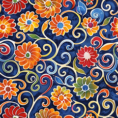 Naklejka premium Batik Inspired Floral Seamless Tile