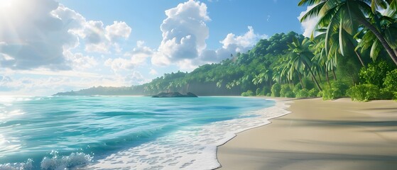 A side view of a stunning tropical beach featuring palm trees and vibrant turquoise sea water. 