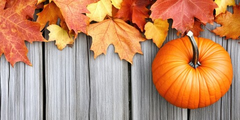 Golden autumn leaves scattered on rustic wood with a bright orange pumpkin creating a warm and inviting fall atmosphere perfect for seasonal celebrations
