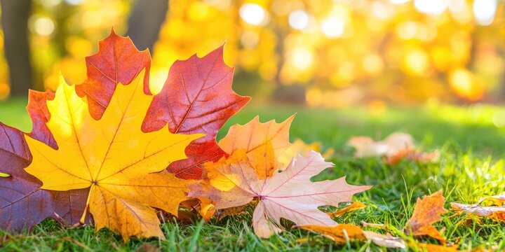 A serene autumn afternoon showcasing a gradient of golden to brown leaves softly scattered across a grassy field, inviting moments of reflection and tranquility in nature's embrace
