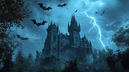 A Haunted Gothic Castle Under a Stormy Sky with Bats