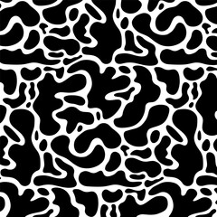 Seamless pattern with abstract silhouette organic shapes. Doodle blob nature elements and psychedelic flowers. Vector funky wallpaper