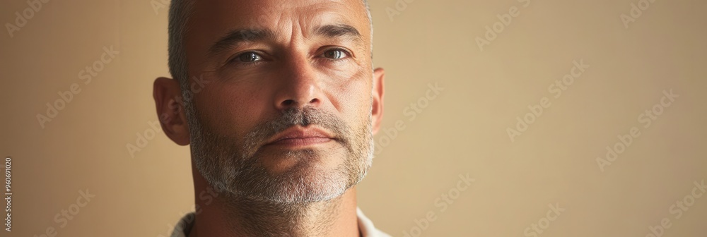 Aufkleber A man with a thoughtful and serious expression looks into the distance, engaged in deep reflection, surrounded by a calm atmosphere. Generative AI