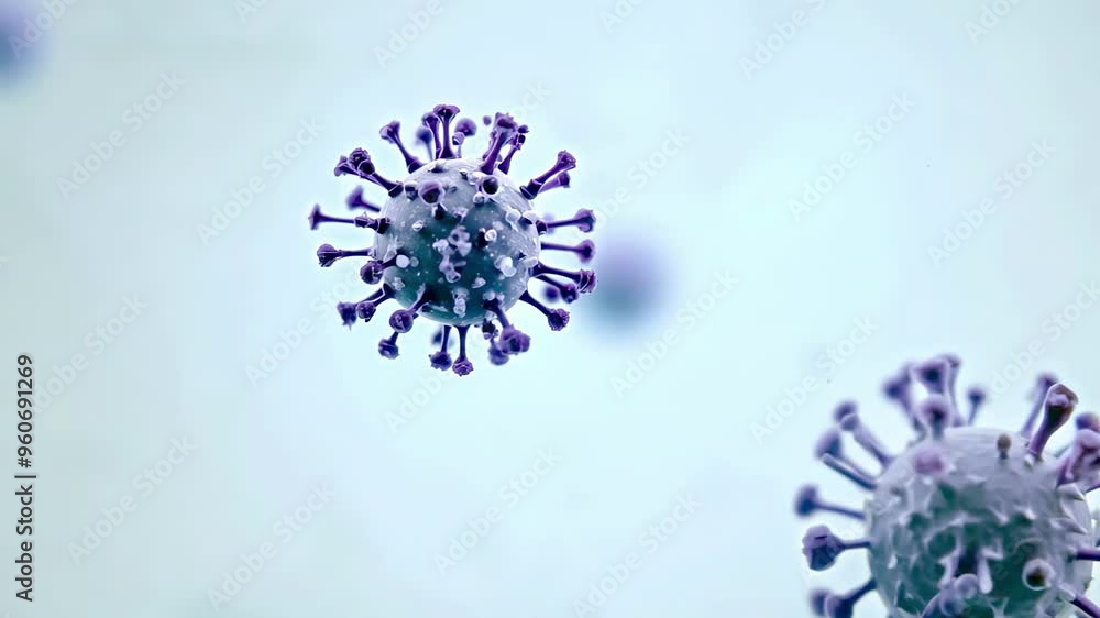Poster microscopic view of multiple coronavirus particles floating in soft-focused background. concept of v