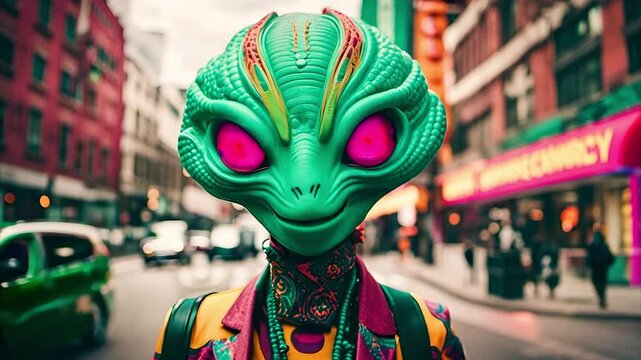 Alien walking in a futuristic city, extraterrestrial life, sci-fi, and interstellar life. AI generated.