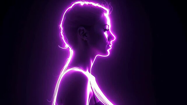 Young woman outlined with neon pink, purple and blue lights in profile view. Concept of futuristic technology, vibrant glow, modern illumination.