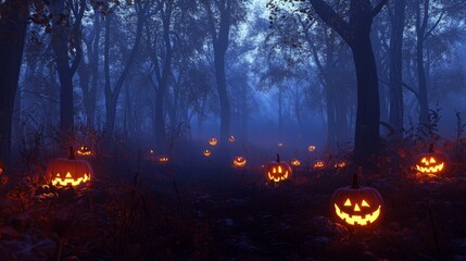 Jack-o'-lanterns Glowing in a Foggy Forest at Night