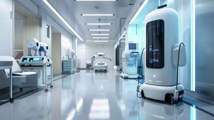 Fototapeta premium Futuristic Hospital Corridor with Medical Robots