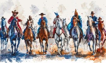 A vibrant depiction of a historic cavalry parade showcasing skilled riders in traditional attire, demonstrating their equestrian prowess on spirited horses along dusty terrain
